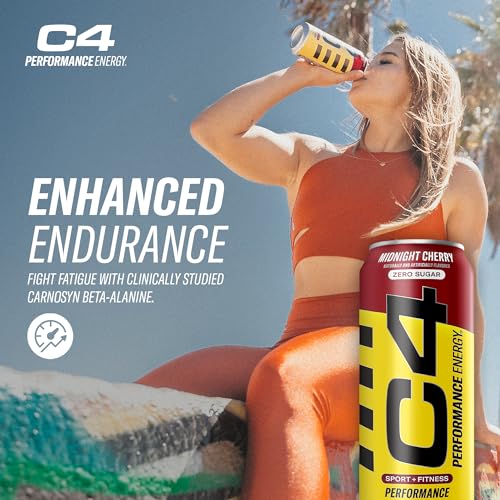 C4 Energy Carbonated Zero Sugar Energy Drink, Pre Workout Drink + Beta Alanine, Midnight Cherry, 16 Fl Oz (Pack of 24)