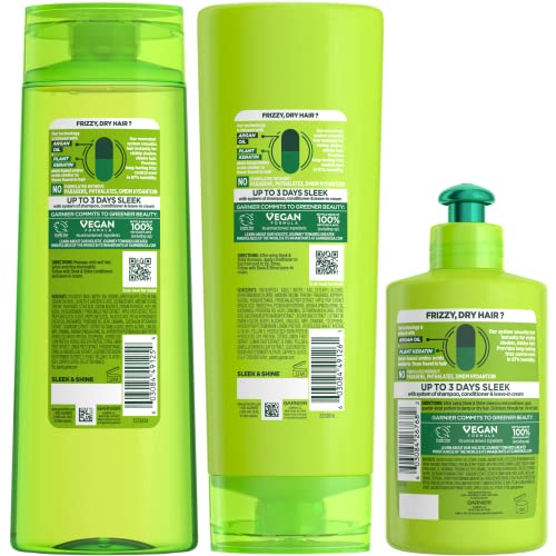 Garnier Fructis Sleek & Shine Shampoo, Conditioner + Leave-In Conditioer Set for Frizzy