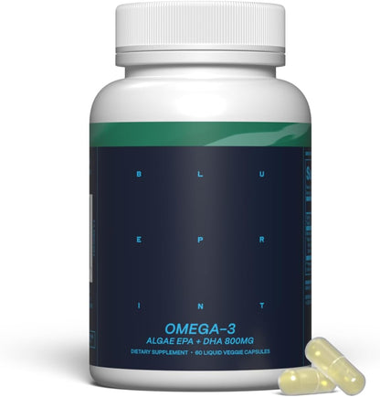 Blueprint Bryan Johnson Omega-3 - Vegan Algae Omega 3 Supplement with EPA/DHA - 800mg Plant-Based for Brain, Heart & Joint Support - High Absorption Triglyceride Form - 1:1 EPA/DHA