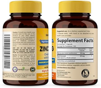 SANDHUHERBALS Zinc 50mg Bundle with Papaya Leaf Extract Capsules (120 Count Each) | Supports Immune Health for Men & Women