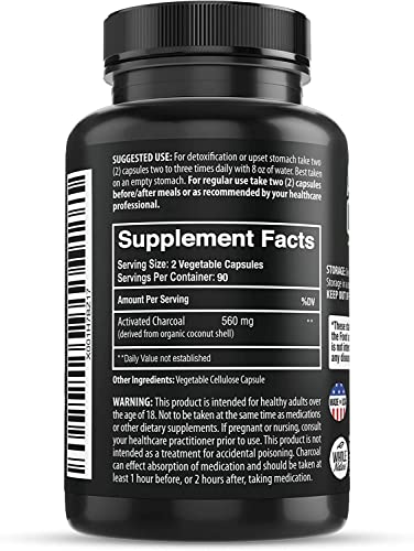 Coconut Activated Charcoal Capsules, 180 Charcoal Pills, Detox, Teeth Whitening, Reduce