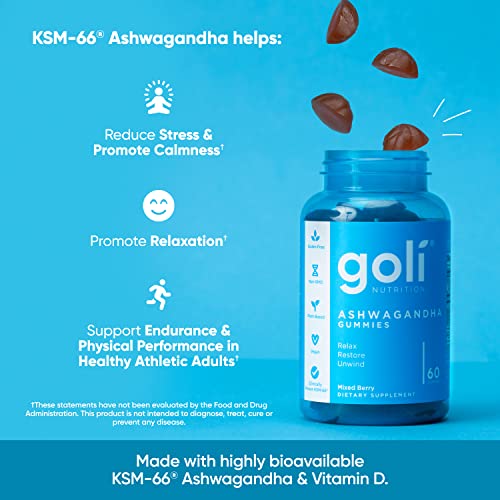 Goli Ashwagandha & Vitamin D Gummy - 60 Count - Mixed Berry, KSM-66, Vegan