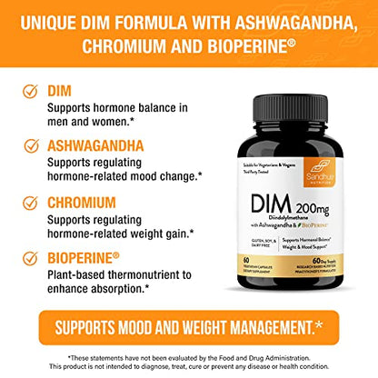 Sandhu's DIM Supplement 200 mg -60 Capsules - Diindolymethane with Ashwagandha