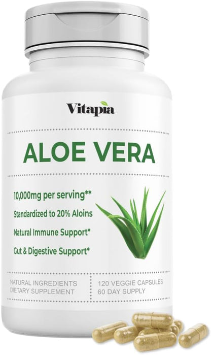 Organic Aloe Vera Capsules 20% Aloins Supplement - Pure Inner Leaf Gel Concentrate - Digestive, Gut Health, Skin, Immune Support - 120 Count - Non-GMO, Gluten-Free, Vegan