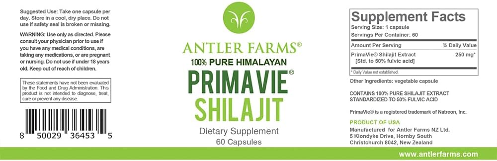 Antler Farms PrimaVie Shilajit for Men Extract - 60 Capsules, 250mg | 100% Pure, Standardized to 50% Fulvic Acid, Wild Harvested Resin from The Himalayas, Powerful Adaptogenic Supplement