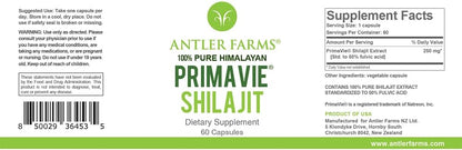 Antler Farms PrimaVie Shilajit for Men Extract - 60 Capsules, 250mg | 100% Pure, Standardized to 50% Fulvic Acid, Wild Harvested Resin from The Himalayas, Powerful Adaptogenic Supplement