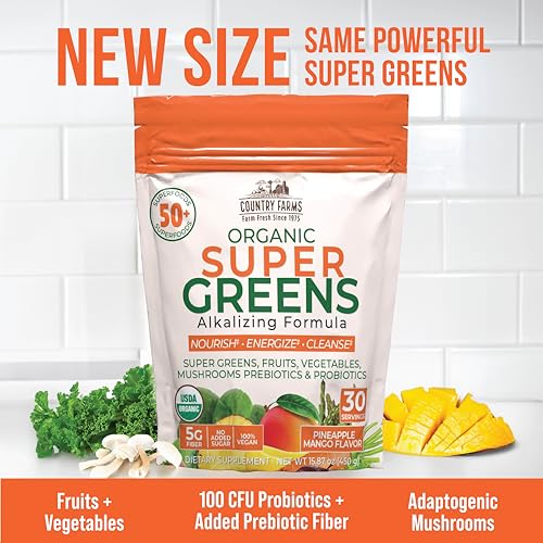 COUNTRY FARMS Super Greens Pineapple-Mango Flavor, 50 Organic Super Foods, USDA