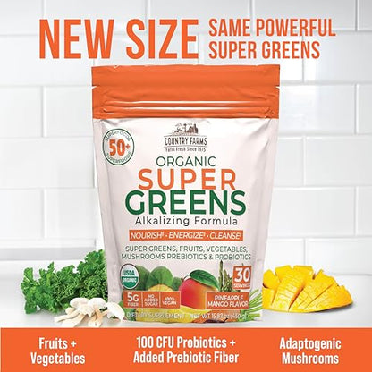 COUNTRY FARMS Super Greens Pineapple-Mango Flavor, 50 Organic Super Foods, USDA