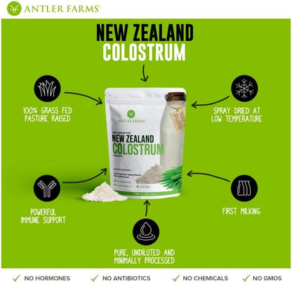 Antler Farms 100% Pure New Zealand Colostrum, 30 Servings, 1 lb - Grass Fed, Pasture Raised, Clean Sourced, Cold Processed, Undiluted, High IgG Content | 100% Pure, Pasture Raised, Clean Sourced, Super Potent, Cold Processed, Undiluted, 20-25% IgG Content