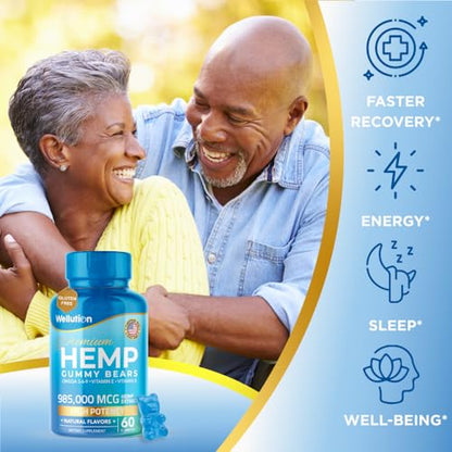 Wellution Hemp Gummies 985,000 High Potency - Fruity Gummy Bear with Hemp Oil