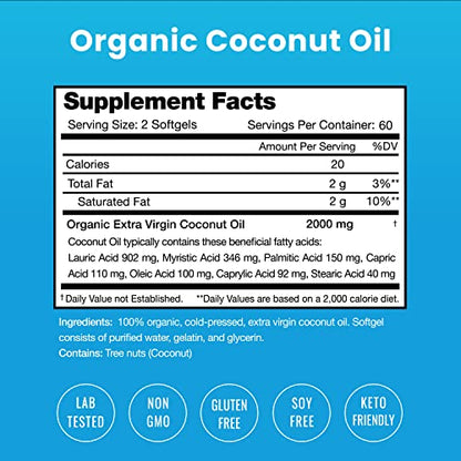 NutraChamps Organic Coconut Oil Capsules 2000mg - 120 Softgels Extra Virgin, Unrefined