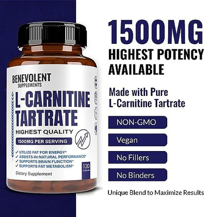 Premium L-Carnitine Tartrate Supplement - 1500mg - Utilize Fat for Energy with Tartrate