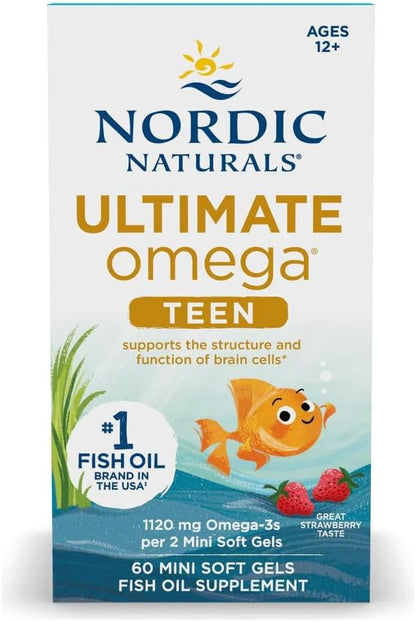 Nordic Naturals Ultimate Omega 2X Teen, Strawberry - 60 Mini Soft Gels - 1120 mg Total Omega-3s with EPA & DHA - Brain Health, Positive Mood, Social Development, Learning - Non-GMO - 30 Servings | 2X for teens. EPA+DHA supports brain, mood & social develo