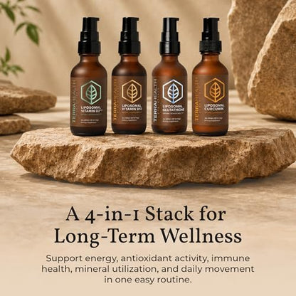 Terra Health Essentials 4-Pack Liposomal Supplement Bundle - Glutathione, Curcumin, Vitamin D3+K2 & Vitamin B12 - Antioxidant, Energy, Immune & Active Aging Support - 2oz Each, 30 Day Supply