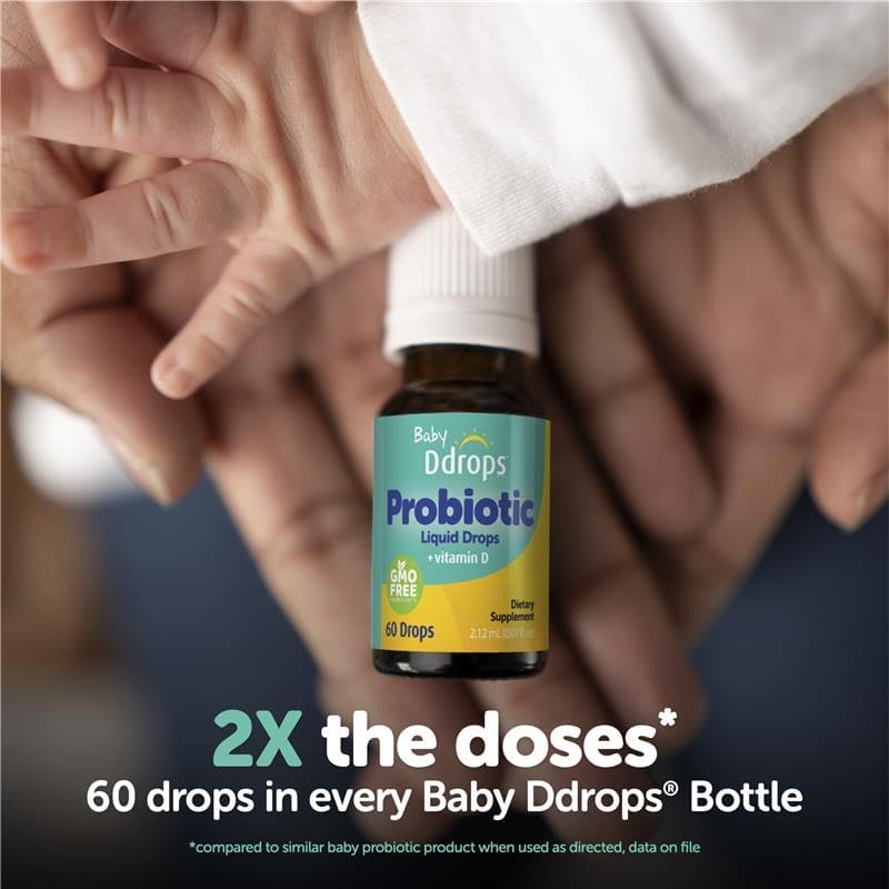 Ddrops Baby Probiotic with Vitamin D, 60 Drops - Colic Symptom Relief for Newborns and Infants - Easy-to-Use, Just One Drop Daily, No Sugar, Non-GMO, Allergy-friendy