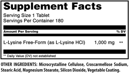 Amazing Formulas L-Lysine 1000 Mg Amino Acid Supplement | Tablets | Non-GM0 | Gluten-Free | Made in USA (1 Pack | 180 Count)