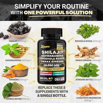 Zoyava Shilajit 9000MG Radiant Health Blend Ashwagandha 2000MG Rhodiola Rosea