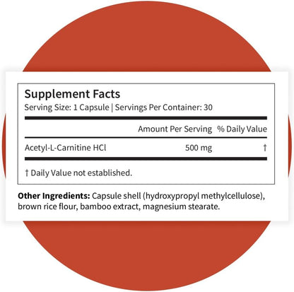 Pattern Wellness Acetyl-L-Carnitine 500 mg Capsules – ALCAR Supplement for Cellular Energy Production, Cognitive Health & Healthy Metabolism – Vegan, Non-GMO – 30 Capsules