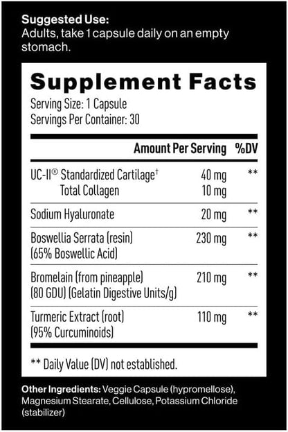 M Drive Men's Joint Support UC II Collagen Turmeric 30 Veg Capsules | Ease Discomfort Promote Flexibility Active Mobility Hyaluronic Acid Boswellia Bromelain Sport Legal Non GMO Gluten Free