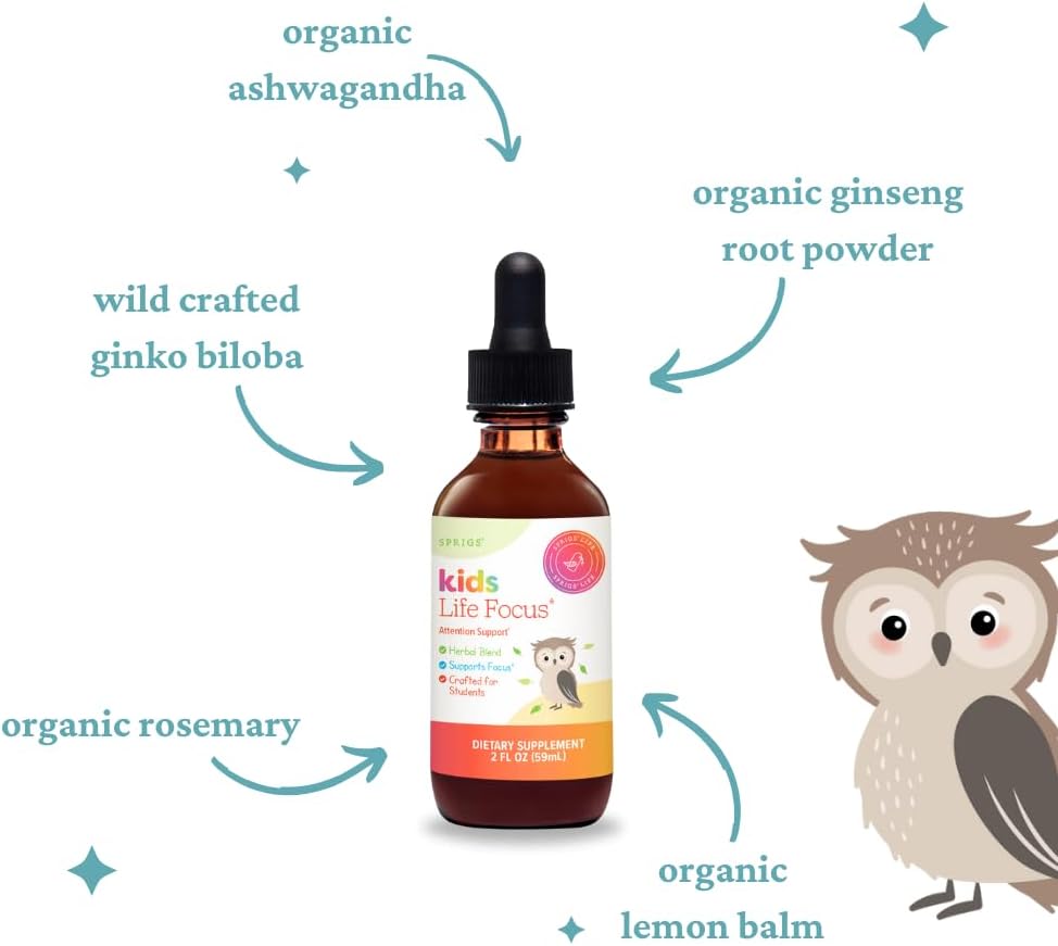 SPRIGS Kids Life Focus Supplement, 2 Fl Oz | Herbal Blend Tincture for Students to Support Concentration | Organic Herbs Ashwagandha & American Ginseng Root Help with Brain Function & Mental Clarity