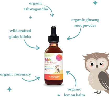SPRIGS Kids Life Focus Supplement, 2 Fl Oz | Herbal Blend Tincture for Students to Support Concentration | Organic Herbs Ashwagandha & American Ginseng Root Help with Brain Function & Mental Clarity