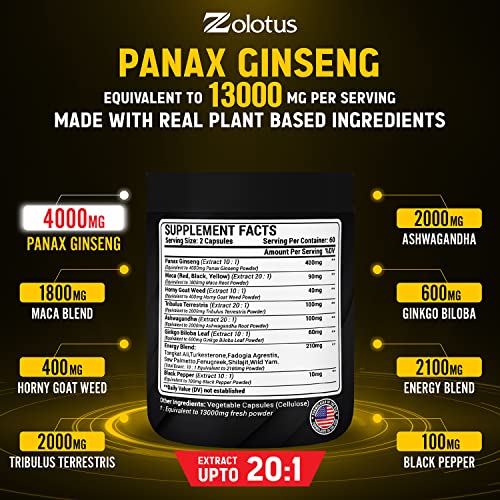 Premium Panax Ginseng 14 in 1, 13X Potency, High Strength Capsules with Horny Goat Weed