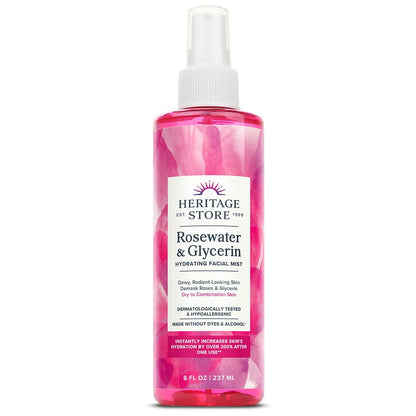 HERITAGE STORE Rosewater & Glycerin Hydrating Facial Mist - Dry Combination Skin Care - Rose Water Spray w/Vegetable Glycerine, Made Without Dyes or Alcohol, Hypoallergenic, 12 FL OZ