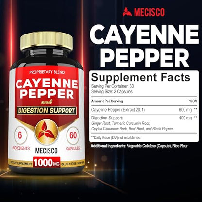 Mecisco 6in1 Cayenne Pepper Capsules Organic with Ginger Root, Beet Root, and Black Pepper