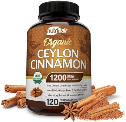 NutriFlair Organic Ceylon Cinnamon Supplement 1200mg, 120 Capsules - USDA Certified - Non-GMO, Gluten Free Powder, Antioxidant Pills