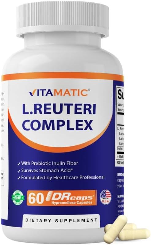 Vitamatic Lactobacillus Reuteri Complex – 22 Billion CFU per Delayed Release Capsule – 60 Capsules – Digestive & Gut Health Support – with Prebiotic Inulin Fiber