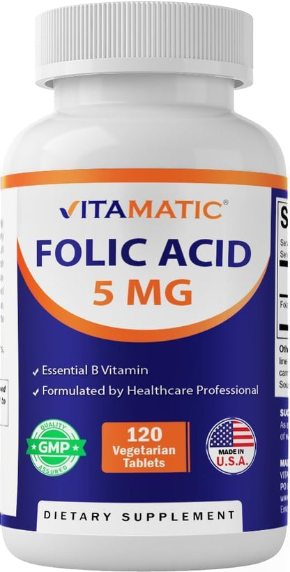 Vitamatic Folic Acid 5 mg (5,000 mcg), 120 Vegetarian Tablets | Vitamin B9 | 8,333 mcg DFE Foalte, Support Red Blood Cell Formation*, Heart & Nervous System Health*, Non GMO, Gluten Free, Made in USA