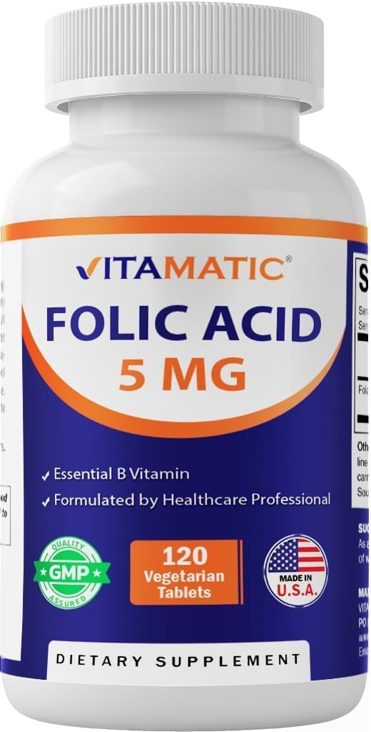 Vitamatic Folic Acid 5 mg (5,000 mcg), 120 Vegetarian Tablets | Vitamin B9 | 8,333 mcg DFE Foalte, Support Red Blood Cell Formation*, Heart & Nervous System Health*, Non GMO, Gluten Free, Made in USA