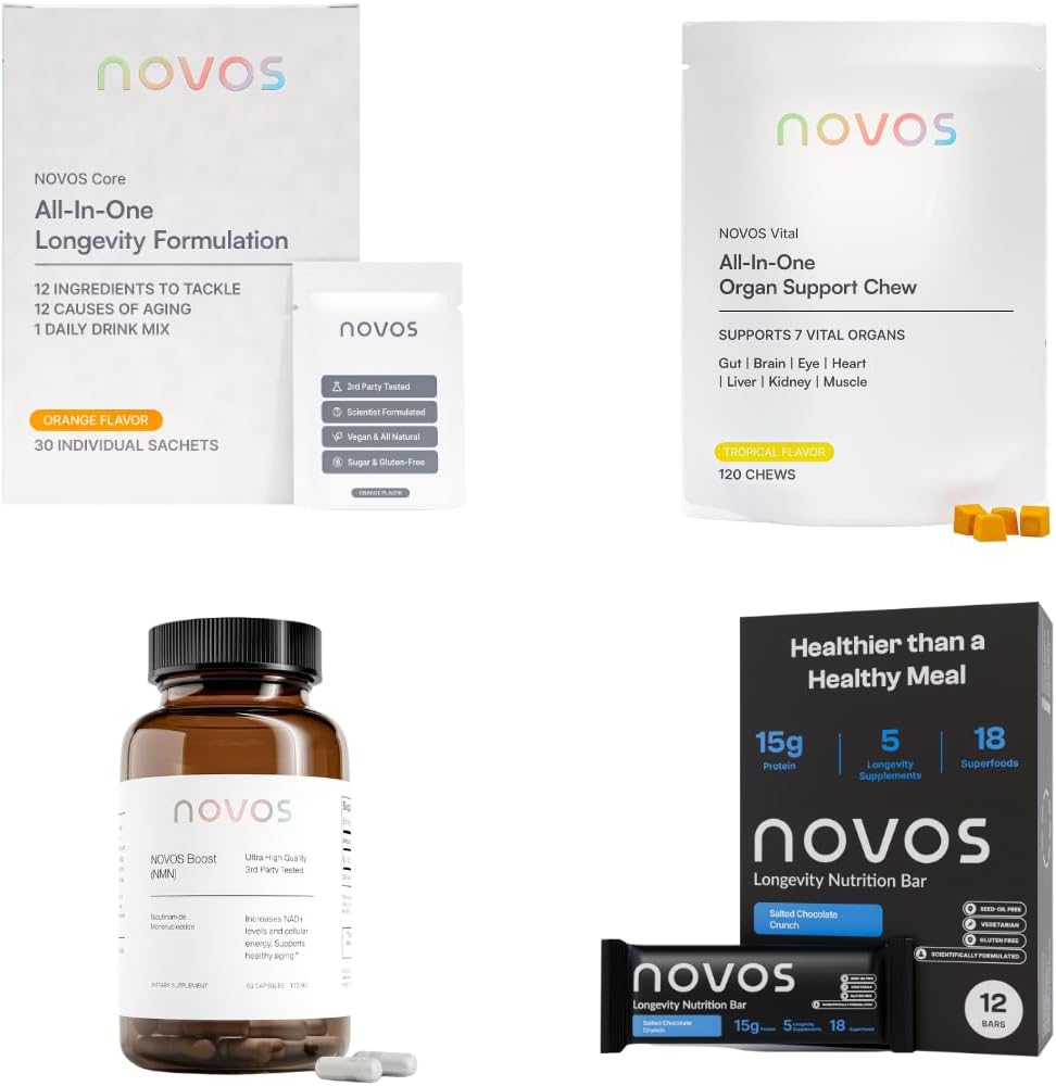 NOVOS Core Orange + Vital Chews + Boost NMN + Protein Bar (Salted Chocolate Crunch) – Complete Longevity Bundle | Drink Mix, Chews, Capsules & Bar for Cellular Energy, Organ Health & Nutrient-Dense Sn