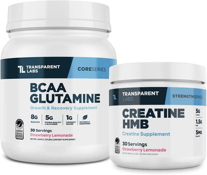 Transparent Labs BCAA Glutamine Powder (30 Servings, Strawberry Lemonade) & Creatine HMB (30 Servings, Strawberry Lemonade)
