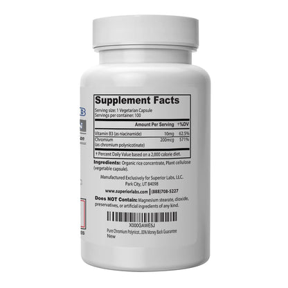 Pure Chromium Polynicotinate Supplement - Made in USA - 200mcg + Vitamin B3 for Optimal