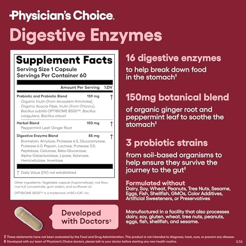 Physician's CHOICE Complete Gut Health Bundle for Bloating, Digestive Health, Immune, & GLP-1 Support - 60 Billion Probiotic 30CT + Digestive Enzymes 90CT + Easy Mix Fiber Powder 30CT