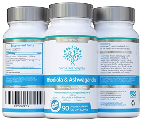 Rhodiola & Ashwagandha with L-Theanine - Award Winning Ashwagandha KSM-66 600mg