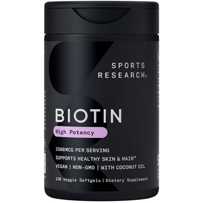 Sports Research® Biotin 10,000mcg with Organic Coconut Oil - Biotin (Vitamin B7) for Healthy Skin and Hair Support* - for Women and Men - Vegan, Non-GMO, Gluten & Soy-Free - 120 Veggie Softgels