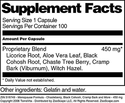 Menopause Formula - Chasteberry, Black Cohosh, Cramp Bark and More - 450 mg (100 Capsules)