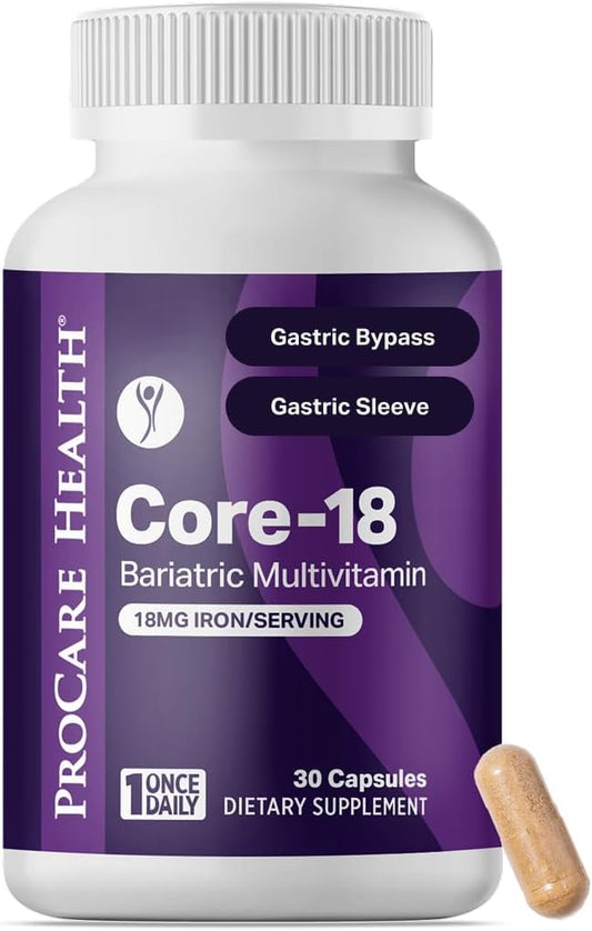 ProCare Health Core-18 Bariatric Multivitamin | 18mg Iron | Capsule | 30ct | Once Daily Capsule for Gastric Bypass, Sleeve & Post-Op Support – Easy-to-Swallow Capsules, No Artificial Colors, Gluten-Free
