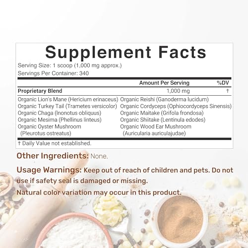 Organic Mushroom Powder Supplement, 12oz – 10 in 1 Active Blend – Turkey Tail, Lions Mane