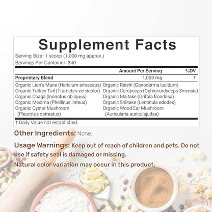 Organic Mushroom Powder Supplement, 12oz – 10 in 1 Active Blend – Turkey Tail, Lions Mane