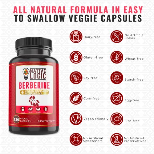 Native Logic Berberine HCL 1200mg with Ceylon Cinnamon, Bitter Melon, and Green Tea