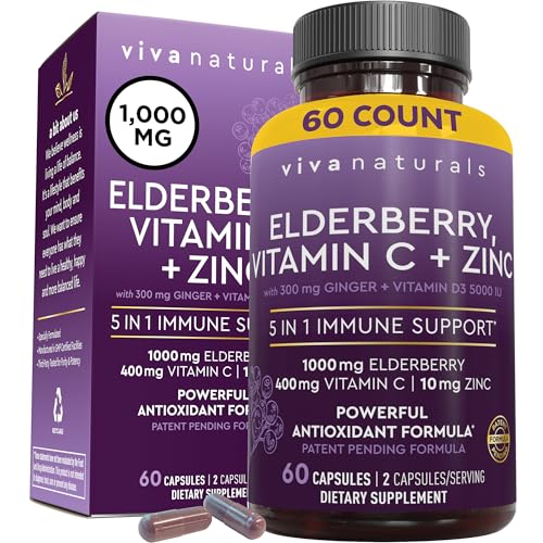 Viva Naturals Sambucus Elderberry with Zinc and Vitamin C for Adults, Vitamin D 5000 
