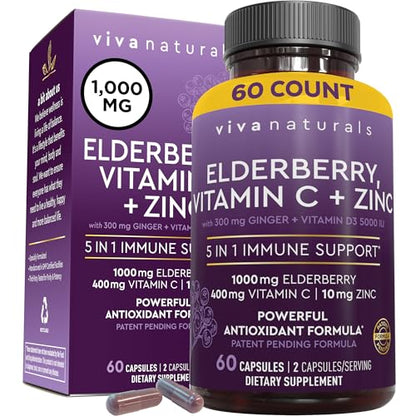 Viva Naturals Sambucus Elderberry with Zinc and Vitamin C for Adults, Vitamin D 5000 