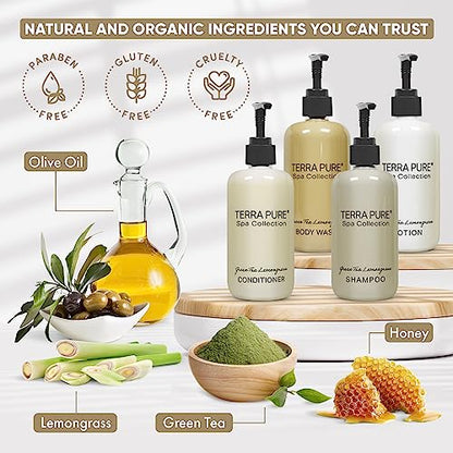 Terra Pure Spa Collection 40 Piece Ecobox All-In-Kit | Green Tea Lemongrass Soap | 12 Shampoo, 8 Conditioner