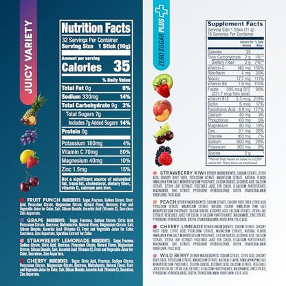 DripDrop Hydration Zero Sugar Plus Juicy Electrolyte Packets, Bundle, 32 Ct | Fruit Punch, Grape, Strawberry Lemonade, Cherry & Sugar Free Strawberry Kiwi, Peach, Cherry Limeade, Wild Berry; Single Serve