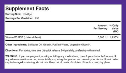 Piping Rock Vitamin D3 5000 IU | 250 Softgels | High Potency Supplement | Non-GMO