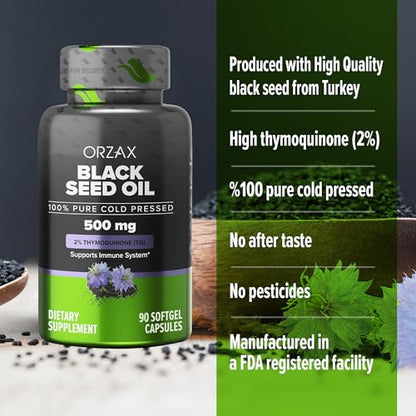 ORZAX 500 mg mg Black Seed Oil Organic Cold Pressed Capsules with 20mg
