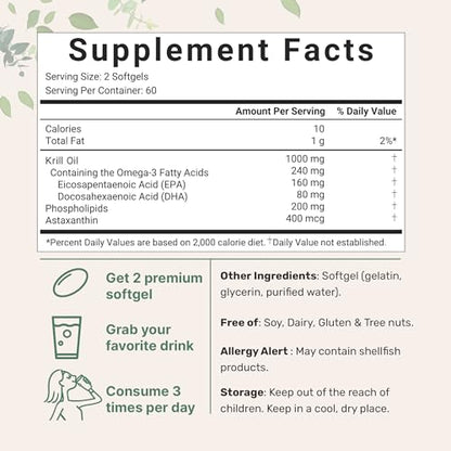 2 Pack Antarctic Krill Oil Supplement, 1000mg Per Serving, 120 Soft-Gels Each
